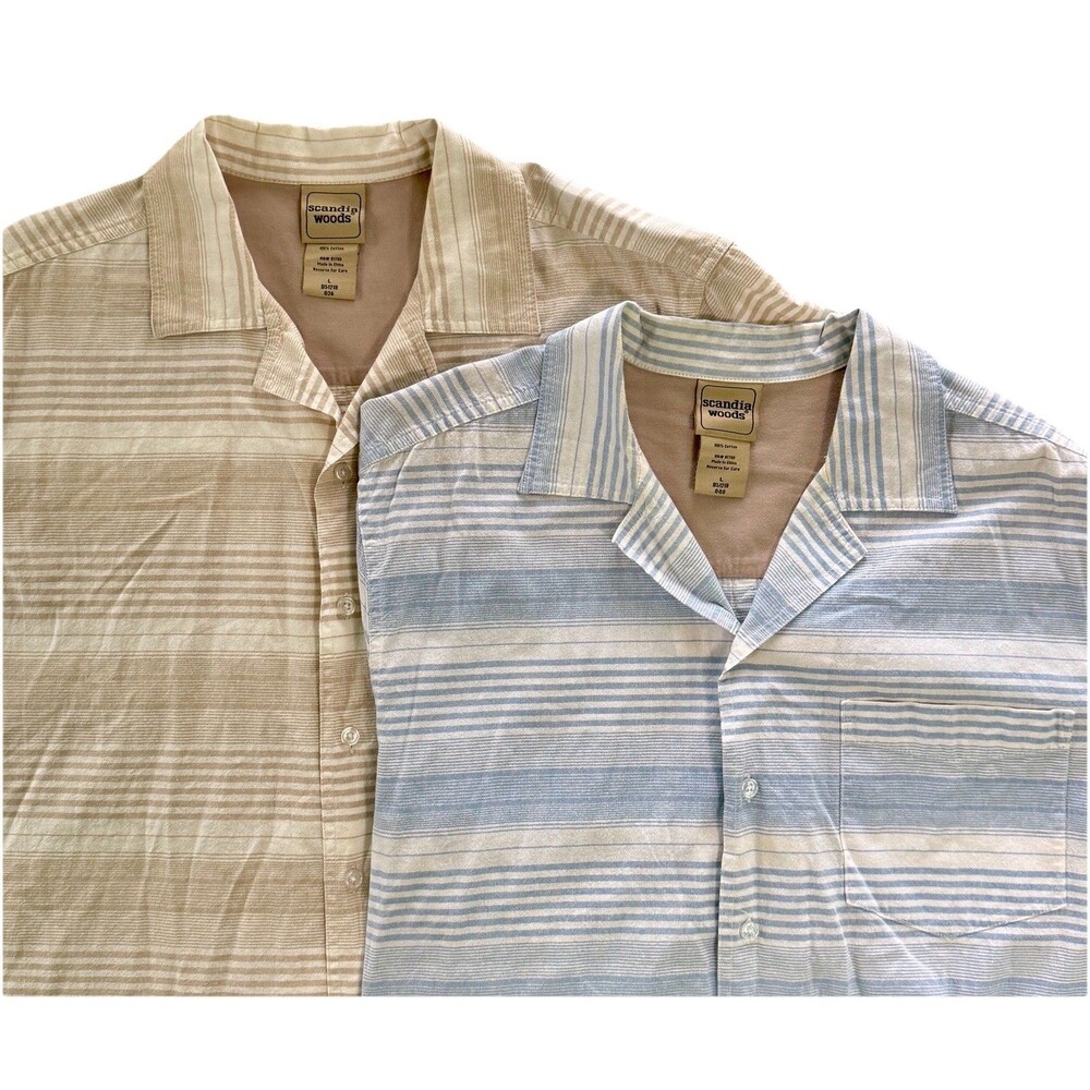 Lot Of 2 Scandia‎ Woods 100% Cotton Mens Lg Brown Blue Stripe Short Sleeve Shirt